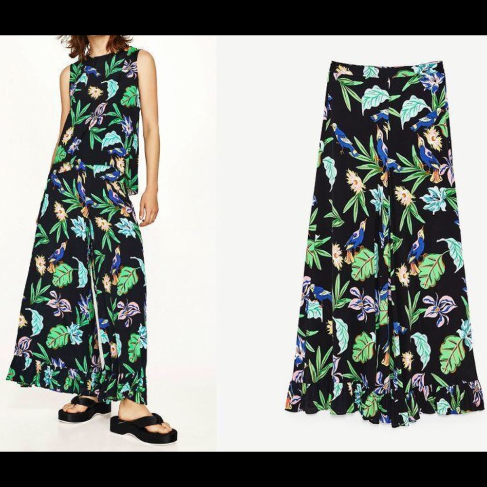 Zara Tropical Print Palazzo Wide Leg Pants
